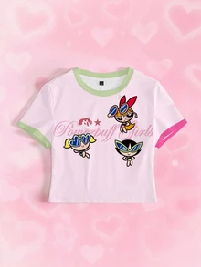 THE POWERPUFF GIRLS X SHEIN Women's Cartoon Print Cropped Fitted T-Shirt - White - View 3
