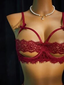 SpicyHot 女款性感蕾絲內衣套裝 4件組 - 酒紅色 - 查看 4
