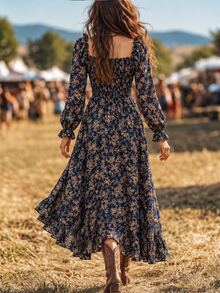 SHEIN Autumn/Winter Ditsy Ditsy Floral Square Neck Shirred Bust Asymmetrical Ruffle Hem Bohemian Country Boho Women's Long Dress Concert Vacation - Navy Blue - View 2