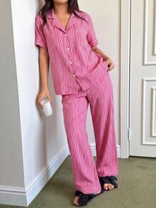 Dream Adore 女款條紋印花翻領短袖睡衣套裝 夏季家居休閒服套裝 - 粉色 - 查看 6