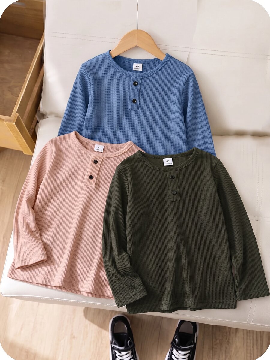 SHEIN 3件組男童休閒舒適風紋理布料木紋細節鈕扣 Polo 衫圓領長袖 T-shirt 多色 - 彩色 - 查看 1