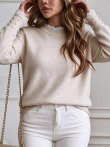 SHEIN LUNE CURVE Beige Lace Patchwork Knit Sweater . Pearl Cuffs . Ruffle Collar . Slimming Versatile Plus Size Pullover - Apricot - View 6