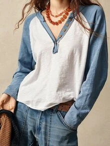 Bohemela 休閒針織拼色半開鈕扣前襟女款T恤 - 藍色 - 查看 3