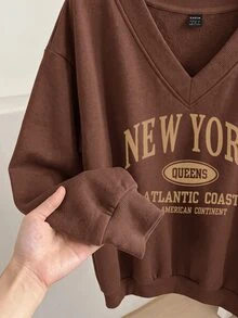 SHEIN LUNE 2PCS Plus Size Sweatshirts Hoodies Autumn Office Formal Date Night Brown Black Brown Letter Print Soft Form Modest Casual Soft Form Racing Western - Multicolor - View 6