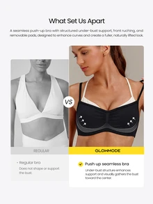 GLOWMODE Seamless Sun Chaser Mock 2-In-1 Sports Bra With Ruched Bust Push-Up Design & Removable Cups Low Impact Yoga Pilates Studio Active Wear - Black - View 2