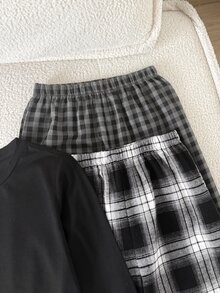 SHEIN 青少年女孩簡約純色圓領長袖T恤 + 梭織格紋長褲 寬鬆休閒睡衣套裝 4件組 柔軟舒適居家睡衣套裝 2件式 適合四季 - 彩色 - 查看 3