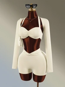 Amplova Women's Solid Color Long Sleeve Tank Top, Ruched Halter Neck Bra And Shorts Sports Set - White - View 3