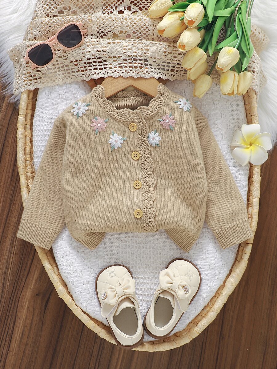 Souflis Souflis Baby Cardigan Girls Beige Long Sleeve Round Neck Floral Embroidered Button Front Knit Cardigan - Brown - View 1