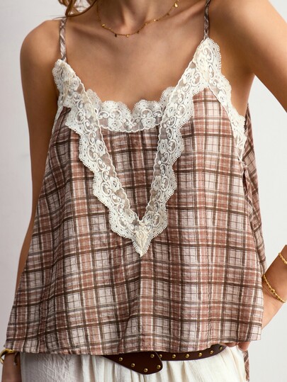 Willow Rêve Women's Khaki Plaid Lace Trim Camisole Top