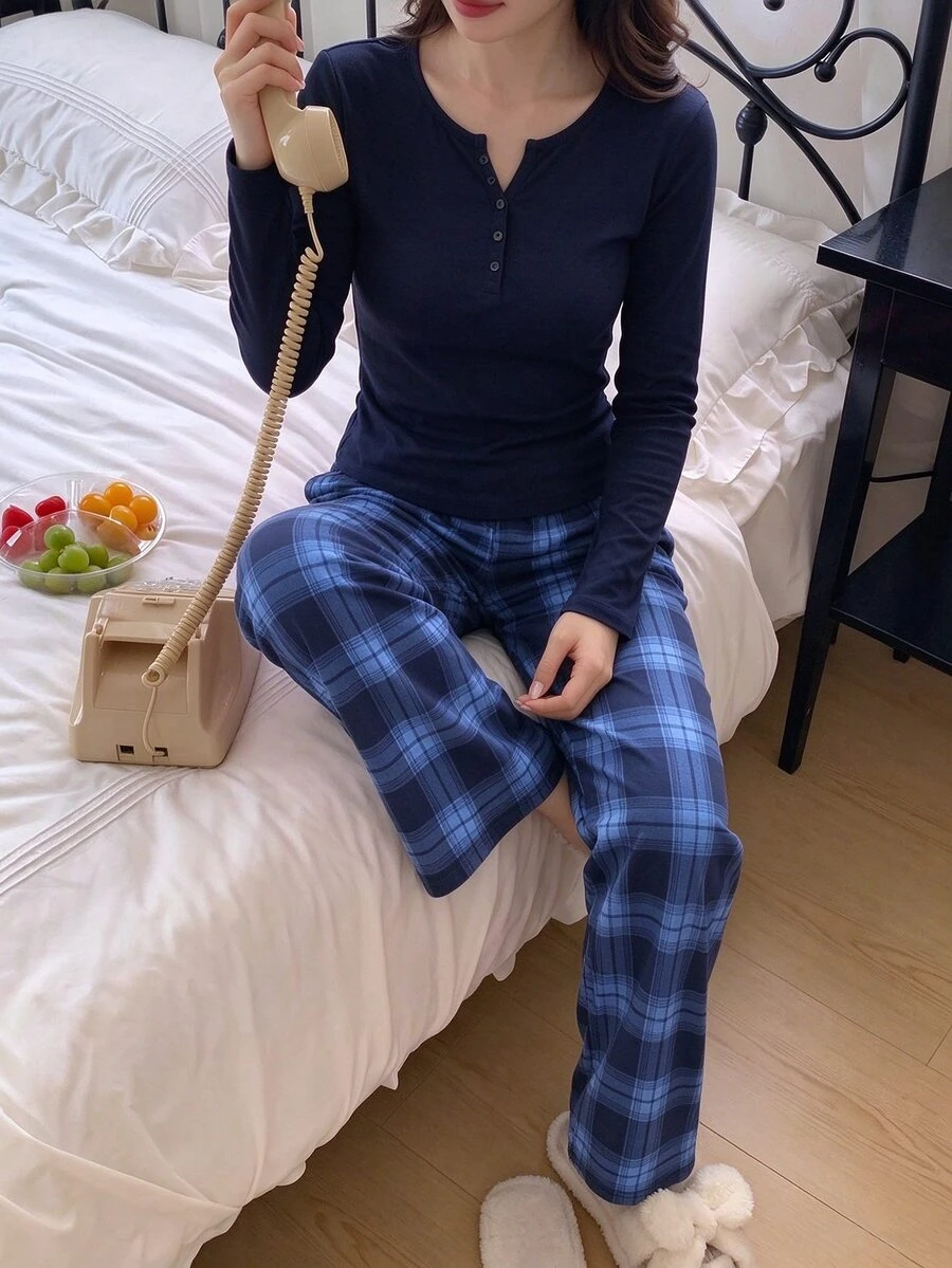 Teen Girl Button Half-Placket Long Sleeve Top And Plaid Pants Loungewear Set - Navy Blue - View 1