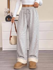 SHEIN EZwear 秋季新款女款加厚抓絨內裡純色抽繩休閒運動長褲，極簡時尚，適合日常穿著、登山、居家，淺灰色 - 灰色 - 查看 3