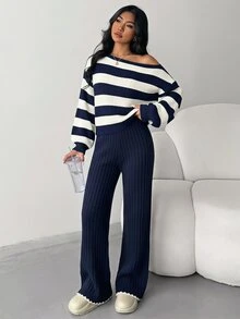 SHEIN Teen Girl Autumn/Winter Casual Deep Blue Striped/Asymmetrical Shoulder Pullover Sweater And Long Pants 2 Pieces Set, Suitable For Daily Wear,Autumn,Winter - Navy Blue - View 1