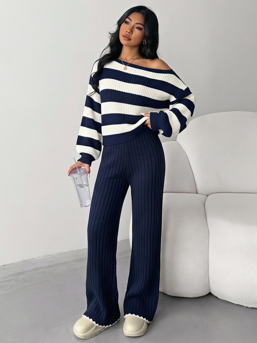 SHEIN Teen Girl Autumn/Winter Casual Deep Blue Striped/Asymmetrical Shoulder Pullover Sweater And Long Pants 2 Pieces Set, Suitable For Daily Wear,Autumn,Winter - Navy Blue - View 1