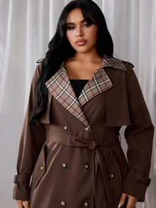 Rustia Plus Size Casual PU Leather Patchwork Plaid Trench Coat Fall - Brown - View 6
