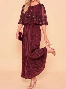 Amorya 女款優雅成熟派對晚宴正式亮片裝飾長洋裝 巧克力棕色 夏季婚禮 - 酒紅色 - 查看 4
