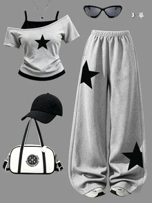 Women's Casual Fashion Grey & Black Pentagram Graphic Print 2 In 1 Asymmetric Shoulder Short Sleeve T-Shirt & Wide Leg Pants Set - Multicolor - View 1