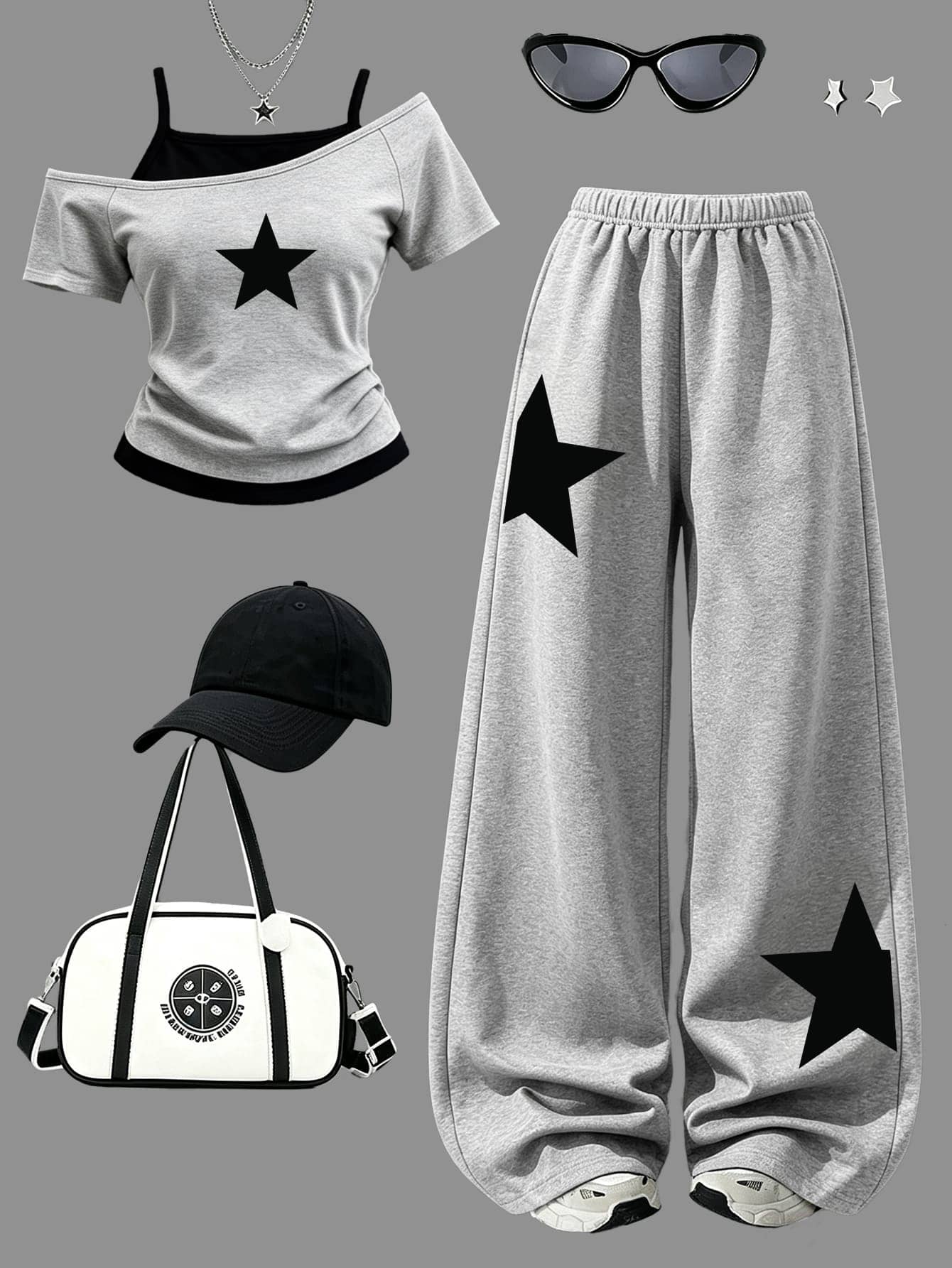 Women's Casual Fashion Grey & Black Pentagram Graphic Print 2 In 1 Asymmetric Shoulder Short Sleeve T-Shirt & Wide Leg Pants Set - Multicolor - View 1