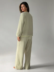 DAZY Women's Letter Embroidered Single-Breasted Pocket Top And Pants Pajama Set - Green - View 2