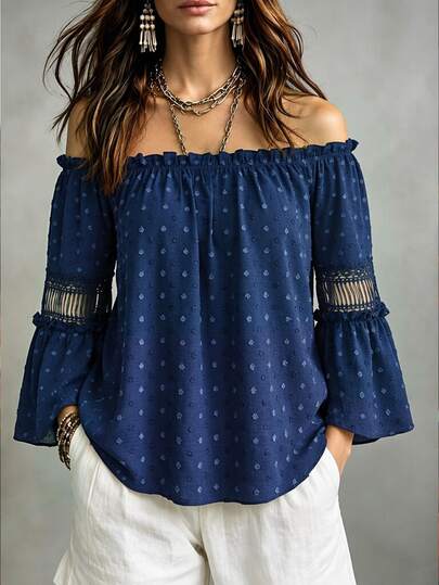 Linhara CURVE Blusa de mujer talla grande para otoño/invierno con volantes, hombros descubiertos, patchwork de encaje, mangas acampanadas, corte , efecto estilizante, casual, elegante, de moda, estilo streetwear para ir a la oficina