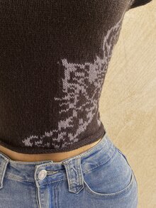 Soleia Atasan Rajut Lengan Raglan Leher Lubang Kancing Motif Hewan untuk Wanita - Coffee Brown - View 3