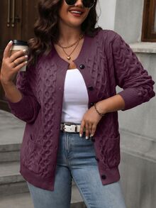 SHEIN 女款大尺碼秋冬黑色麻花編織開襟針織外套，圓領鈕扣長袖毛衣外套，附側口袋，休閒風 - 紫色 - 查看 4