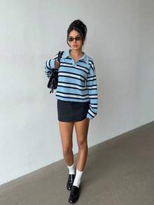 Aloruh 女款秋冬條紋 Polo 衫，復古 Y2K 風格休閒上衣，春季長袖秋季上衣 - 藍色 - 查看 5