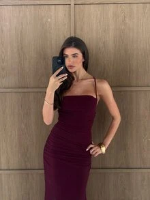 Aloruh Women's Solid Color Pleated Fitted Elegant Spaghetti Strap Dress - Bold Plum - View 6