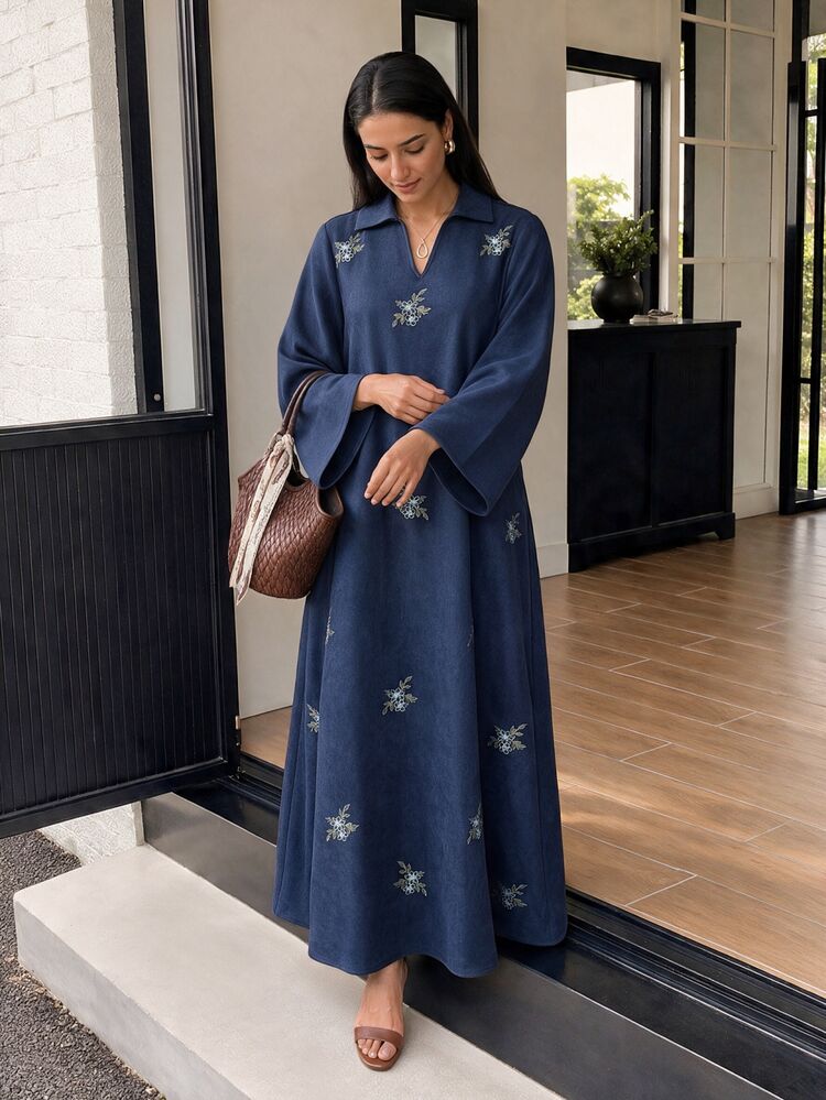 Solavon 新款花卉刺繡金屬扣女款領口長袖洋裝 - 灰藍色 - 查看 6
