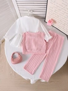 Casuvi Kids Young Girl 3pcs Back-To-School Outfit White Long Sleeve Collared Shirt Pink Cute Bow Detail Knit Vest Ribbed Wide Leg Pants Set 7th Birthday Fall Baby - Pink - View 2