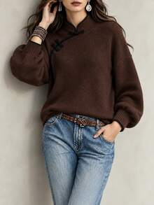 SHEIN Autumn/Winter Fashion Round Neck Long Sleeve Sweater - Coffee Brown - View 5