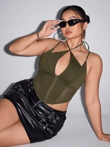 SHEIN ICON 大尺碼對比網紗短版吊帶黑色束身上衣，適合夏季約會之夜、雞尾酒會、電音派對，性感風格 - 軍綠色 - 查看 5