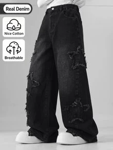 2026新款青少年男孩四季通用美式復古個性化毛邊下擺高街刺繡水洗軟牛仔寬鬆彎腿褲，百搭日常穿著 - 黑色 - 查看 1