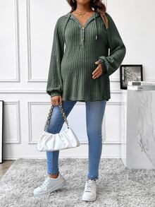 SHEIN 孕婦鈕扣半開襟抽繩運動衫，羅紋細節與插肩袖設計，適合冬季世界盃 - 橄欖綠 - 查看 3