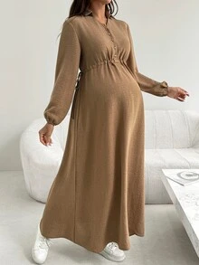 SHEIN Maternity Solid Color Button Front Side Waist Tie Casual Dress - Khaki - View 4