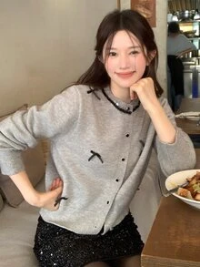 DAZY Women's Fall/ Sequin Decorated Casual French Cute Sweet Wedding Brunch Banquet Bow Contrast Patchwork Cardigan Gray - Grey - View 2