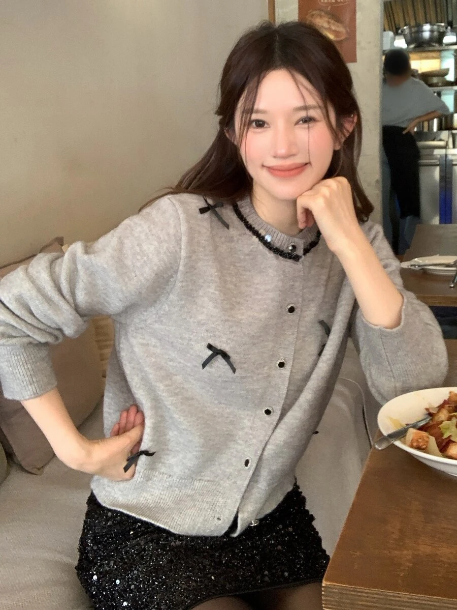 DAZY 女款秋季亮片裝飾休閒法式甜美風婚禮早午餐宴會蝴蝶結撞色拼接針織開襟衫 灰色 - 灰色 - 查看 1