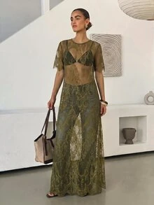Lavishia 女款圓領短袖透視蕾絲洋裝，蕾絲刺繡透視拍照造型裙，黑色花卉，日常優雅派對夜店女裝 - 軍綠色 - 查看 4