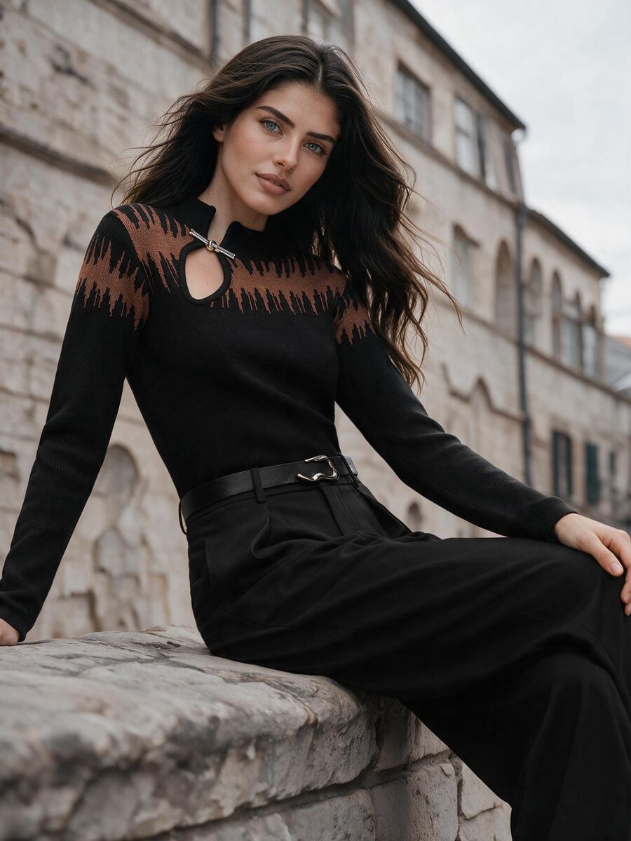 Anewsta Sweater Rajut Lengan Panjang Musim Gugur Wanita, Desain Serbaguna, Potongan Ramping, Atasan Lapisan Dasar yang Menawan - Hitam - View 1