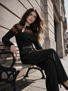 Anewsta Sweater Rajut Lengan Panjang Musim Gugur Wanita, Desain Serbaguna, Potongan Ramping, Atasan Lapisan Dasar yang Menawan - Hitam - View 5