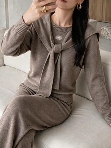 Rue Lumi Women's Autumn/Winter 2 Pieces Set Round Neck 2 In 1 Navy Collar Long Sleeve Sweater Set - Khaki - View 5