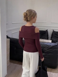 Hapijoa (Gadis Remaja) Kaos Musim Gugur Lengan Panjang dengan Desain Lengan Berongga dan Lapisan Dalam Pas Badan - Burgundy - View 2