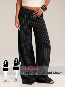 SHEIN Tall CURVE 大尺碼女款條紋口袋休閒日常長褲 秋季 - 黑色 - 查看 2