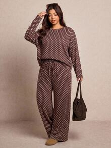 Elaquor Casual Retro Polka Dot Fabric Plus Size Long Sleeve Round Neck Top & Loose Pants 2 Pieces Set Fall - Brown - View 1