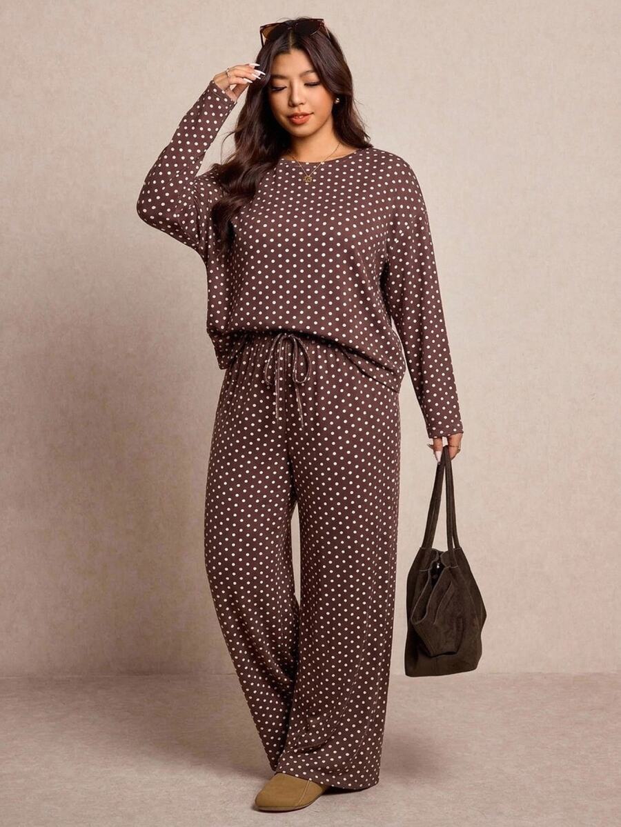 Elaquor Casual Retro Polka Dot Fabric Plus Size Long Sleeve Round Neck Top & Loose Pants 2 Pieces Set Fall - Brown - View 1