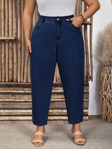 EMERY ROSE Plus Size Women's Casual Daily Denim Straight Leg Pants With Pockets And Buttons - Blue - View 5
