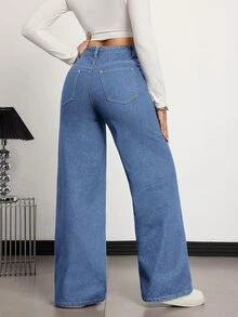 SHEIN Tall Women's Loose Button-Front Pocket Denim Long Pants - Light Wash - View 2
