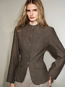 Aveloria Modichic Women's Jacket Padded Shoulder Cinched Waist Tweed Stand Collar Metal Button Slim Fit Flap Pockets Elegant Brown Herringbone Fall Clothes For Women - Multicolor - View 6