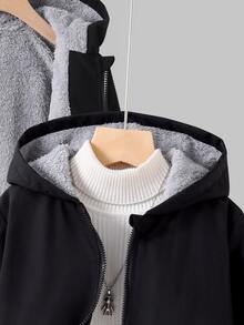 SHEIN 男孩大號黑色夾克，灰色抓絨內裡，舒適簡約休閒百搭，適合外出，適合秋冬穿著 - 黑色 - 查看 6
