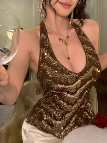 DAZY Loose Fit Gold Sequin Halter Top, Deep V-Neck With Back Tie Design, Full Smooth Soft Lining, Non-Scratch Non-Sheer, Short Ruffle Hem Sleeveless Top - Gold - View 3