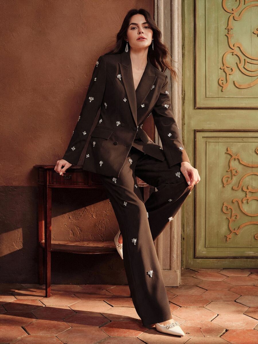 Anewsta Minimalist‑Luxury 's Embellished Blazer, Waist‑Cinching For Evening And Festive Occasions - Coffee Brown - View 1